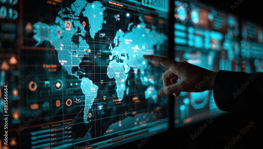 Poster a person is pointing at digital screens displaying global business data and maps, symbolizing the wo