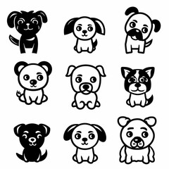 Cute dog icon set, pet animal flat silhouette, puppy icons, funny dog character pictogram, minimal woof sign