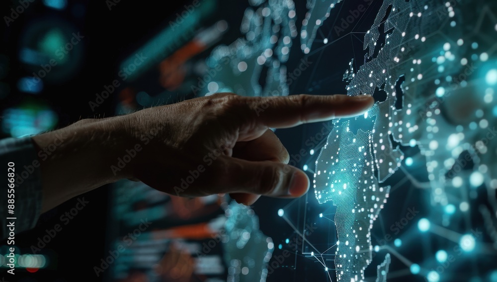 Poster a hand is pointing at a digital map on a screen, showing a global network and data transfer between 