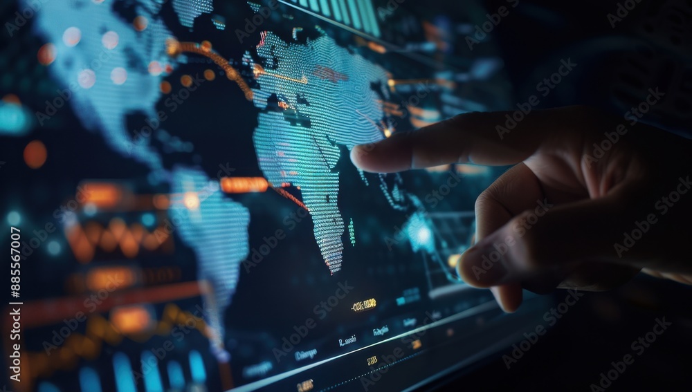 Aufkleber a hand is pointing at a digital screen with a global map and financial graphs, illustrating the conc