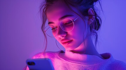 Fototapeta premium Young girl looks at the phone. Soft neon purple light all around