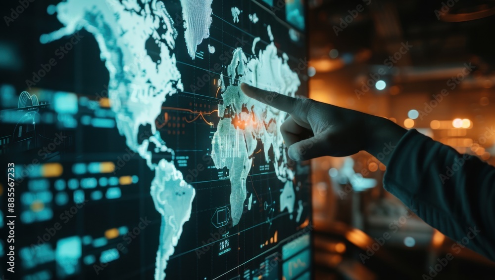 Poster a hand points at a digital world map on the screen, surrounded by data and graphs the background is 