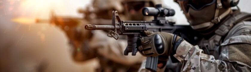 Obraz premium Modern soldiers in an urban fight, utilizing tactical safety gear and guided missiles, realistic style, highdefinition, dynamic action