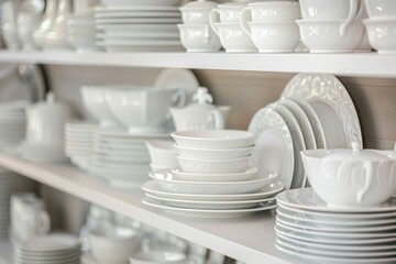 Dishware set in white shelving unit, tableware shelf, kitchen interior, clean white mugs, plates, glass tableware