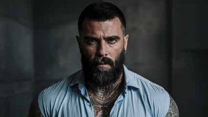 Obraz premium A man with a beard and tattoos standing in front of the camera, AI
