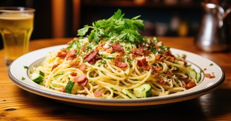 Italian Delight - Heaping Plate of Spaghetti Carbonara and Refreshing Cucumber Salad