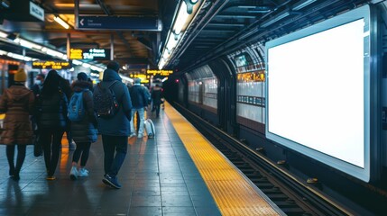 Fototapeta premium A bustling train station platform during rush hour features a vertical blank white screen billboard mock-up. full ultra HD, high resolution.
