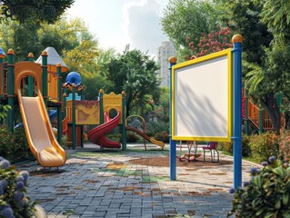 A colorful urban park with playground equipment and a vertical blank white screen billboard mock-up. full ultra HD, high resolution.