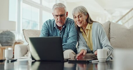 Mature couple, home and excited with technology for news of retirement plan, pension or savings on sofa with hug and love. People on laptop or digital tablet results for investment or property value