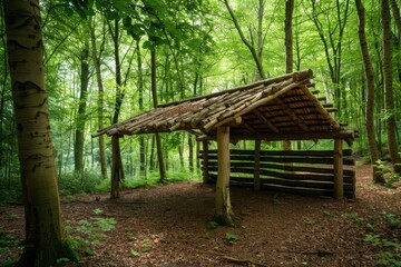 A partially completed lean-to made from large tree branches and foliage, with a forest background