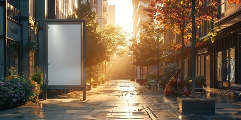A dynamic city plaza with street musicians and a vertical blank white screen billboard mock-up. full ultra HD, high resolution.