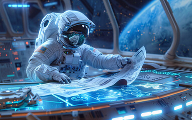 Astronauts and Space Engineers Analyzing Blueprints and Operating Advanced Technology in High-Tech Control Rooms for Space Missions and Exploration