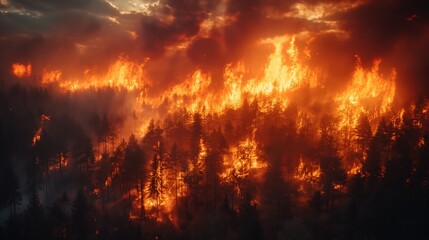 A raging forest fire engulfing trees and wildlife