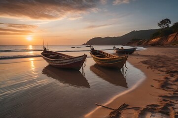 Fototapeta premium Two Small Fishing Boats On The Beach At Sunset Background Generative using Ai 