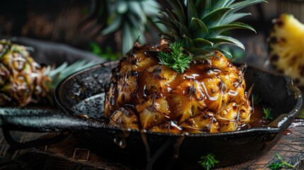 Caramelized pineapple with vanilla caramel sauce presented in a modern cast iron pan toFloated with a contemporary