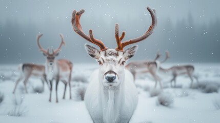 Young deer in winter forest. Deer in winter snow storm. Beautiful dear in a snowy forest. Dears in winter / Dear in snow. Reindeer Christmas decorative item isolated on white background Clipping path