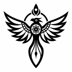 Doodle bird with intricate mandala wings, white background