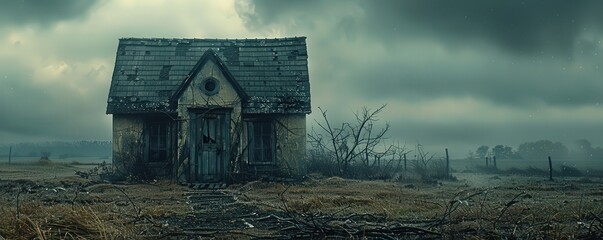 A dilapidated house stands alone in a desolate landscape.