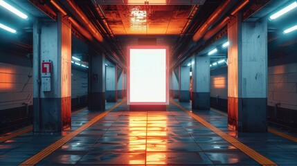 A modern subway entrance in a metropolitan area with a vertical blank white screen billboard mock-up. full ultra HD, high resolution