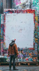 Fototapeta premium A lively urban street artist at work with a vertical blank white screen billboard mock-up. full ultra HD, high resolution