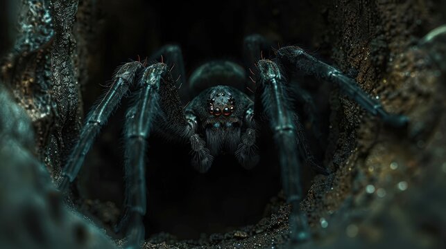 A large, menacing spider emerges from a dark cave, its eight eyes glowing ominously.
