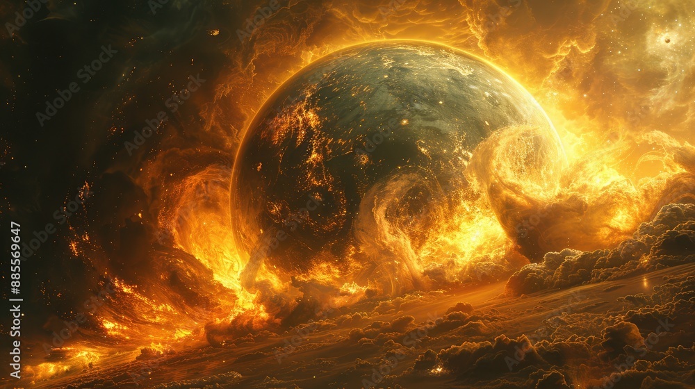 Poster planetary storm system with intense winds and colorful gas clouds, illustrating the devastating effe