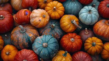 A vibrant collection of colorful pumpkins, showcasing autumn's hues and textures.