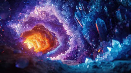 A vibrant, otherworldly cave filled with glowing crystals and a fiery portal.