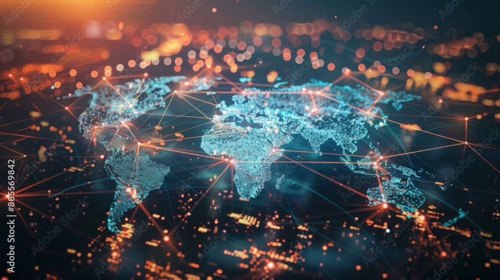 Poster connect to the world. world map with dots and lines shows global business.
