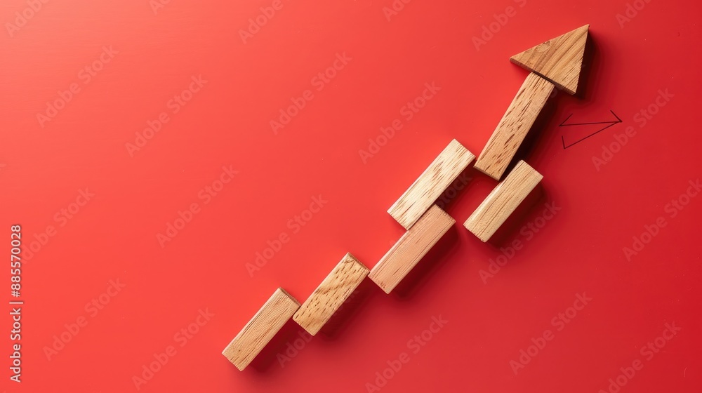 Poster wooden blocks with a declining graph and arrow down on a red background, illustrating economic downt