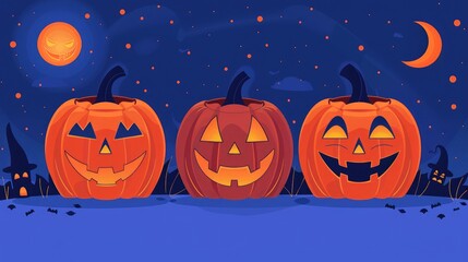 Halloween Scene with Pumpkins and Bats
