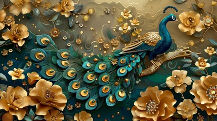 3d mural peacock illustration background with golden jewelry and flowers