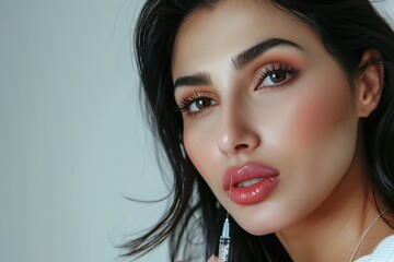 Arabic woman receives lip augmentation treatment. Beauty studio promo shows syringe needle touching lip. Close-up shot of beauty procedure on white background. Woman looks calmly at camera.