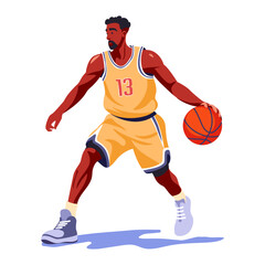 Male basketball pro player in mid-dribble Fitness concept. Flat vector illustration on white