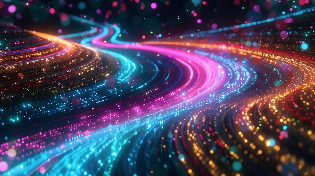 Data flying around in cyberspace. 5G makes data move faster than ever before. Imagine information racing through virtual reality worlds, like light trails.