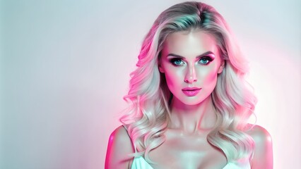 Naklejka premium Portrait of a woman with blonde hair and blue eyes in neon lighting