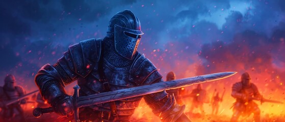 Fototapeta premium Fantasy battle with knights in sturdy steel plate armor, fighting in a mystical realm, watercolor, vibrant colors, ethereal atmosphere