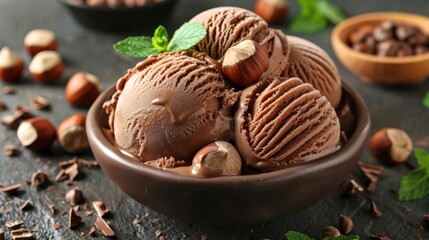Nutella ice cream with hazelnut pieces on a dark brown background