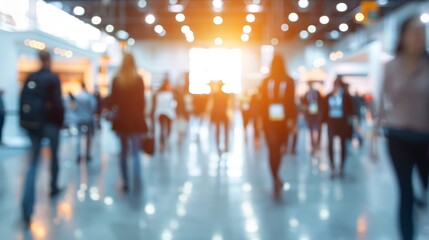 A blurred background of business people walking around at an exhibition hall