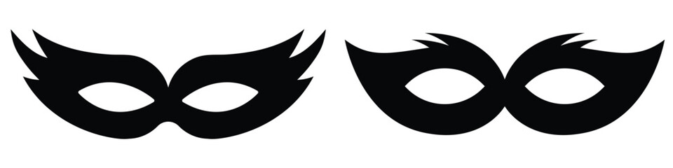 Mask superhero carnival villain or burgar vector icon set. Black masquerade costume eye mask silhouette hidden person face. Simple design incognito party masque shape vector illustration. eps 10