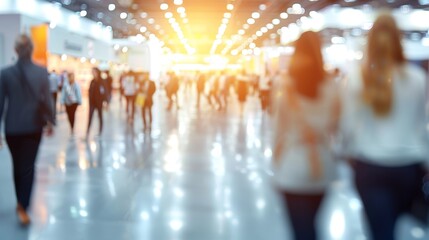 A blurred background of business people walking around at an exhibition hall