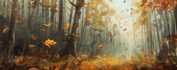 Magical Autumn Forest Path with Falling Leaves, Illustration of a Colorful Fall Landscape