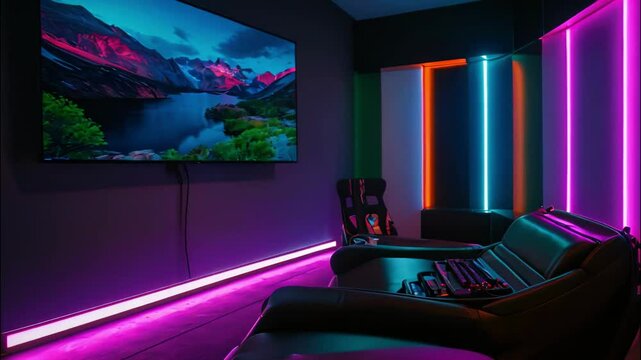 Modern gaming room with LED neon lights, vibrant colors, and a large screen displaying mountain scenery  Sleek chairs enhance the cozy, immersive setup