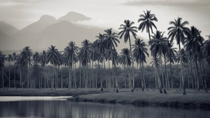 A black and white photo of a group of palm trees near water, AI