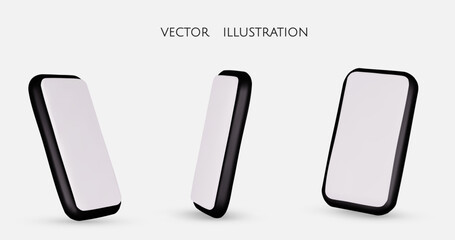 Set of black different angles of smartphone in 3d render with screen, isolated white background, vector illustration