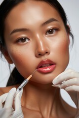 Asian woman receives botox injection in lips from pro in clinic. Close-up view of beautician using syringe for cosmetic treatment. Female client enhances beauty, smooth skin.