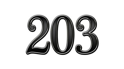 black metal 3d design of number 203 on white background.	