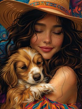 Young woman wearing a hat lovingly embraces a puppy, showcasing warmth and affection in a colorful, joyful setting.
