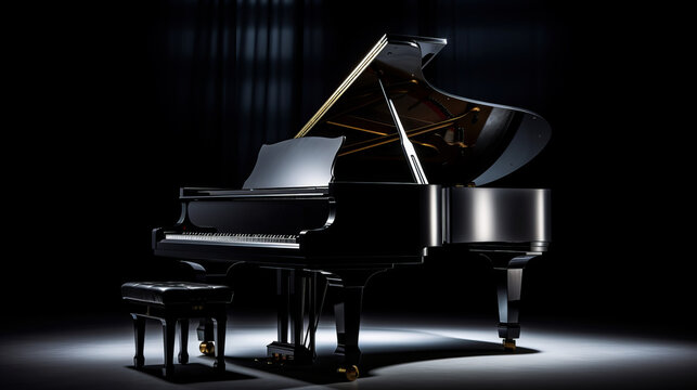 A sleek black background with the silhouette of a grand piano
