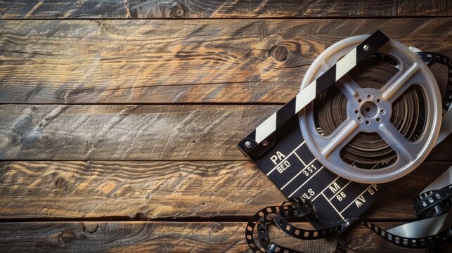 Vintage film reel and clapperboard on rustic wooden background, perfect for movie-related themes and retro photography. Ideal for film enthusiasts and evocative imagery. Cinematic still life. .AI